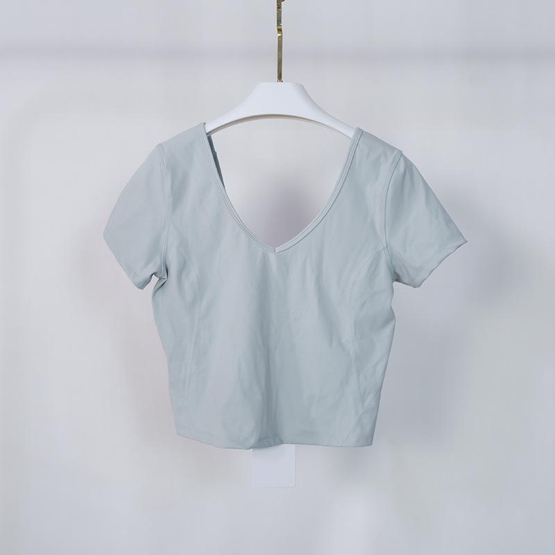 Damen V-Ausschnitt U-Rücken Nylon Yoga T-Shirt – Kurzarm, Sexy Enganliegend, Schönes Rückendesign