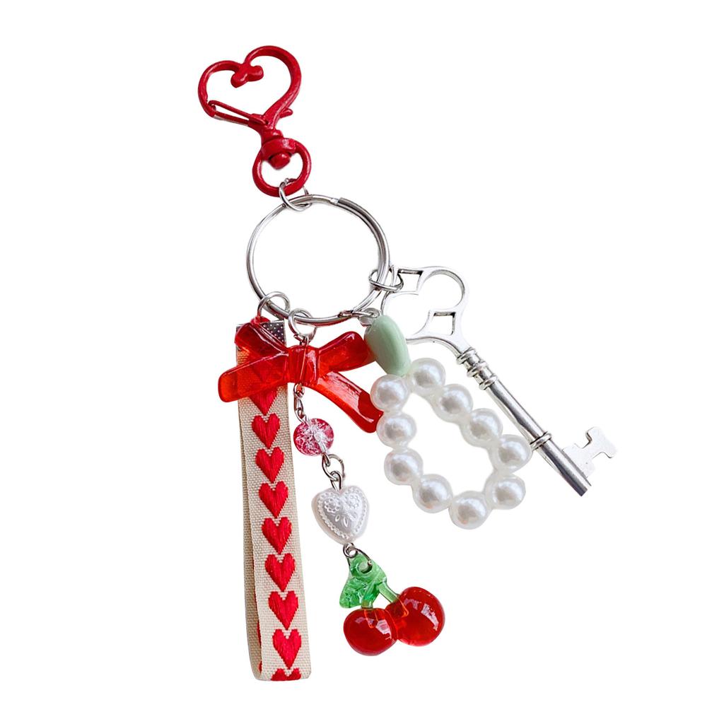 Handcrafted Pearls Beaded Keychain Cherry and Bowtie Charm Keyring Pendant Handmade Bag Decoration Women Accessory