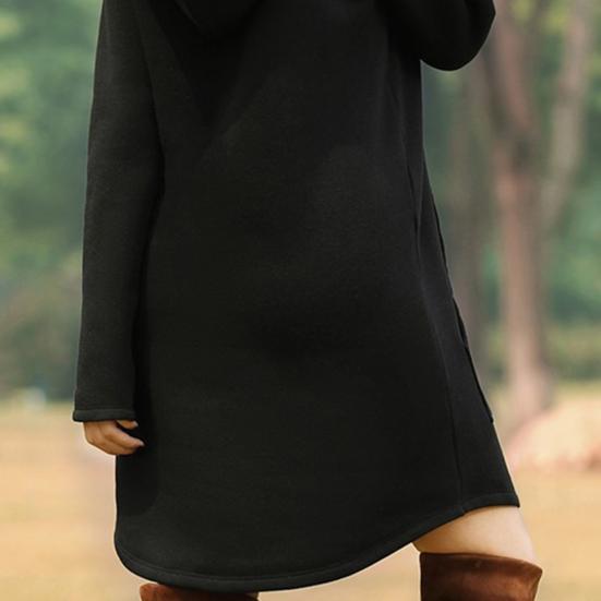 Long Hoodie Solid Color Drawstring Autumn Winter Large Pocket Irregular Hem Hooded Dress for Daily Wear