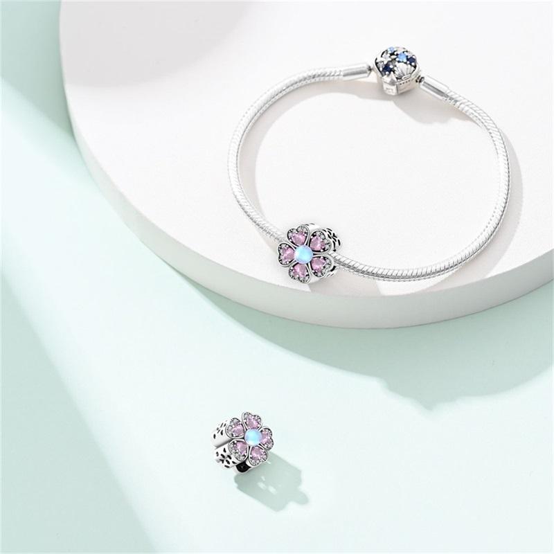 925 Silver Spring Pink Flower Charms Beads Fit Exquisite Bracelet DIY Women Birthday Jewelry Gifts