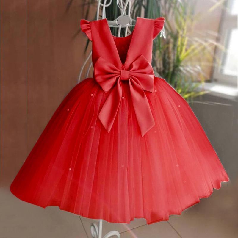 Girl Flower Birthday Tulle Dress Bow Wedding Kids Party Wear Princess Blue Dress Baby Bowknot Dresses