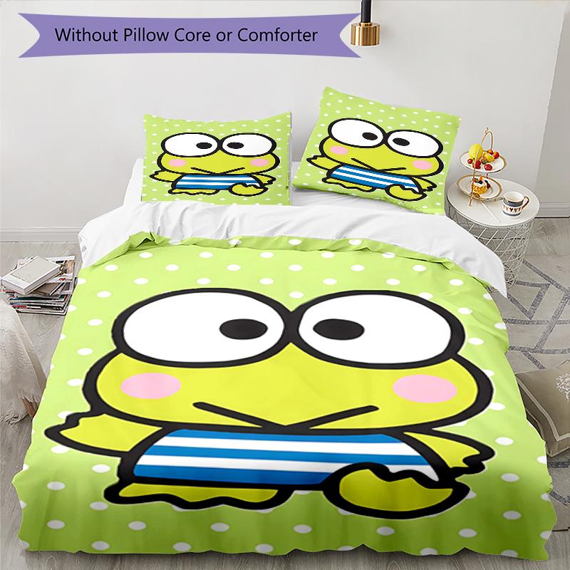 3pcs Sanrio KEROKERO KEROPPI1 Design Cover Set - HD Printed Bedding with 1 Cover and 2 Pillowcases - Perfect for Home and Dorm Decor
