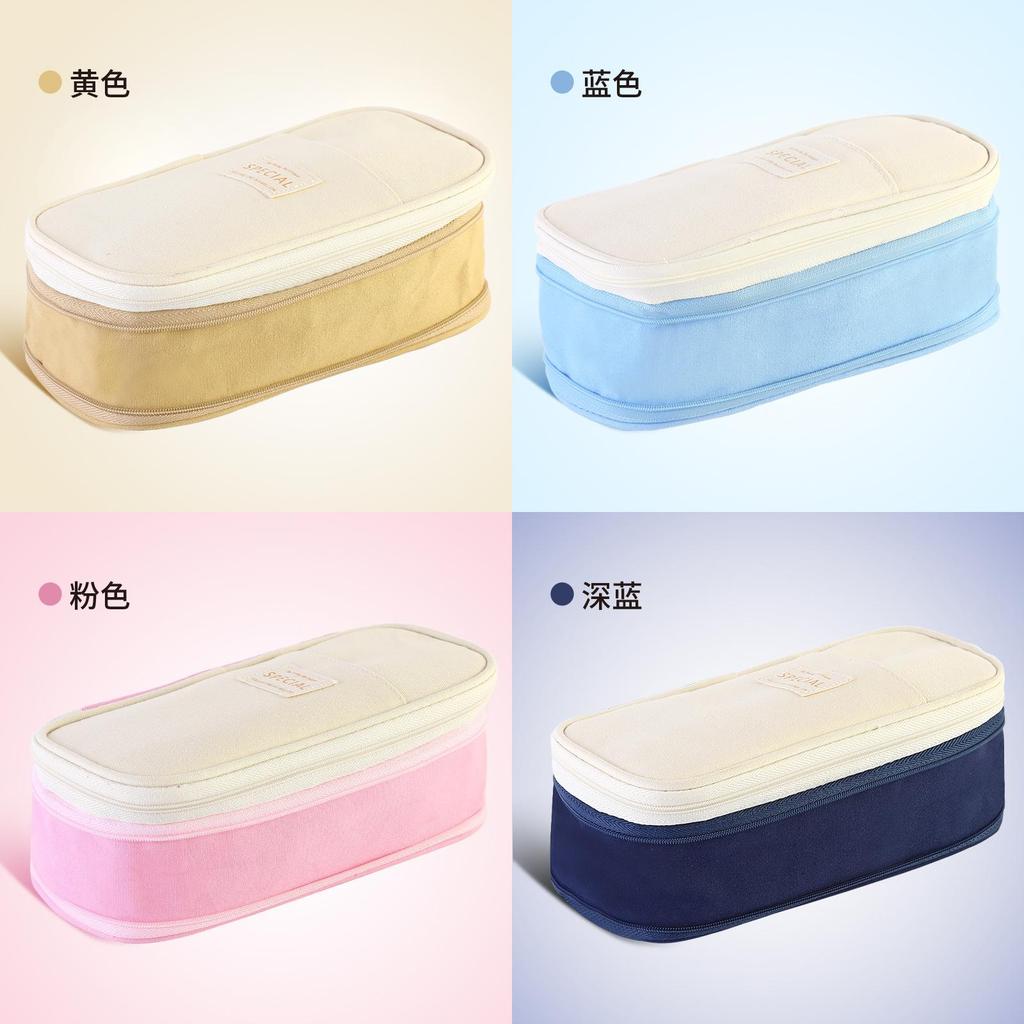 Stylish Macaron Color Canvas Expandable Large Capacity Pencil Case With Dual Zippers