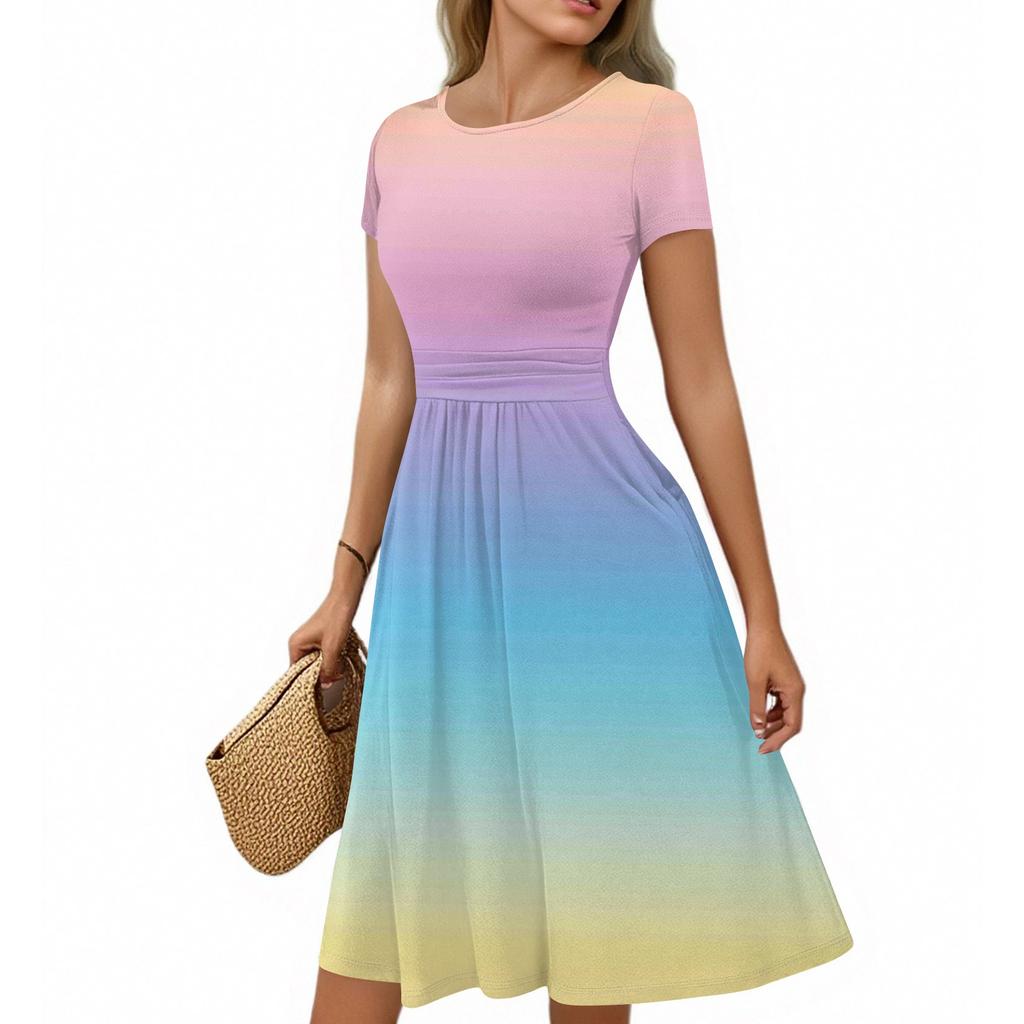 Damska codzienna moda okrągły dekolt plisowany krótki rękaw gradientowa spódnica A-line sukienka midi