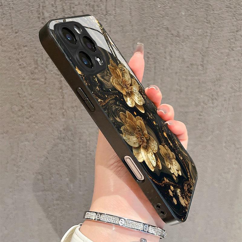Funda de cristal templado con estampado de flor de loto dorada para iPhone 11 12 13 14 15 16 17 Pro Max 16E 17Air 7 8 Plus XR XS X