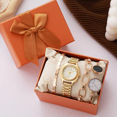 Neue goldene einfache und frische High-End-Design-Sense Luxus-Stahlarmband Mode-Trend Minderheit Damenarmbanduhr Schmuck Fünfteiliges Set