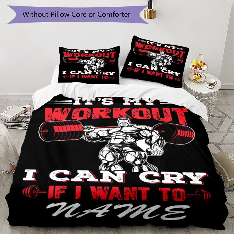 3pcs Custom Name weightlifting Bedding Set Duvet Cover Closure Includes 1 Duvet Cover & 2 Pillowcases, Soft and Comfortable for All Seasons.