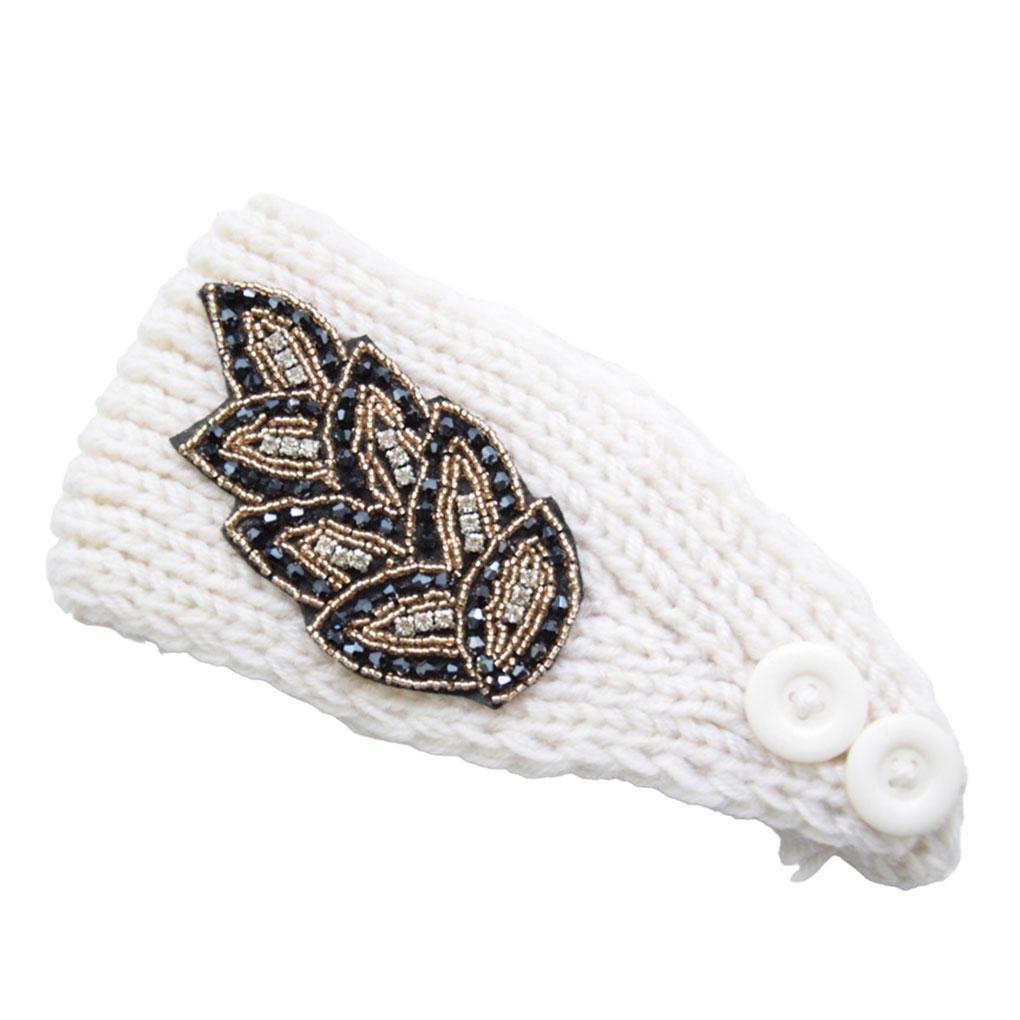 

Crochet Headbands Winter Leaves Pattern with Rhinestones Elastic Head Protector Wide Warm Chunky Hair Accessories for Girls