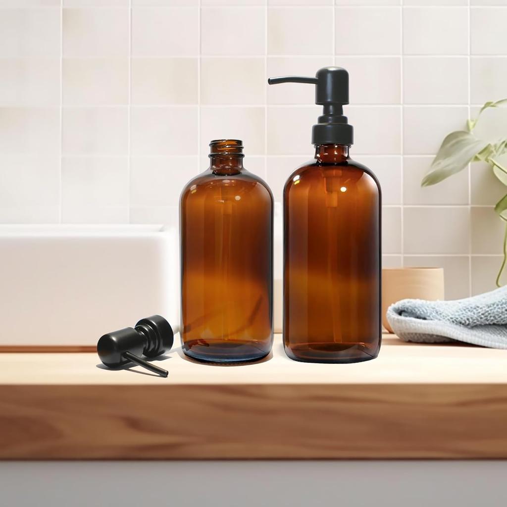 Amber Glass Soap Dispenser, 2 Pack Hand Soap Dispenser with Stainless Steel Pump for Bathroom and Kitchen, 16 oz, Premium Glass Pump Bottles