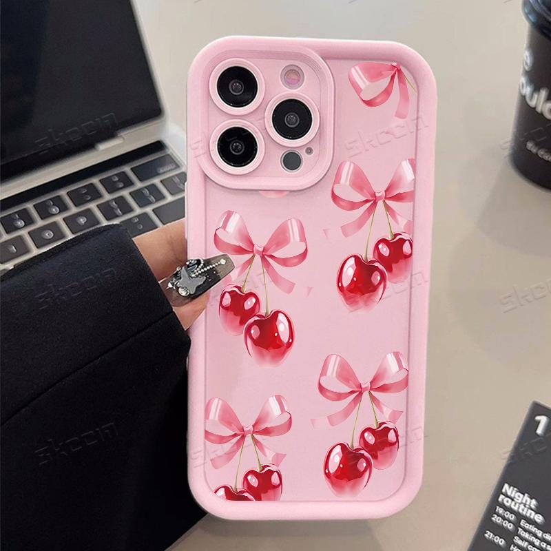 Simple Pink Cherry Bow Pattern Phone Case For iPhone 17 16 15 14 13 12 11 Pro Max 17 Air 16E X XR XS 7 8 Plus Shockproof Cover