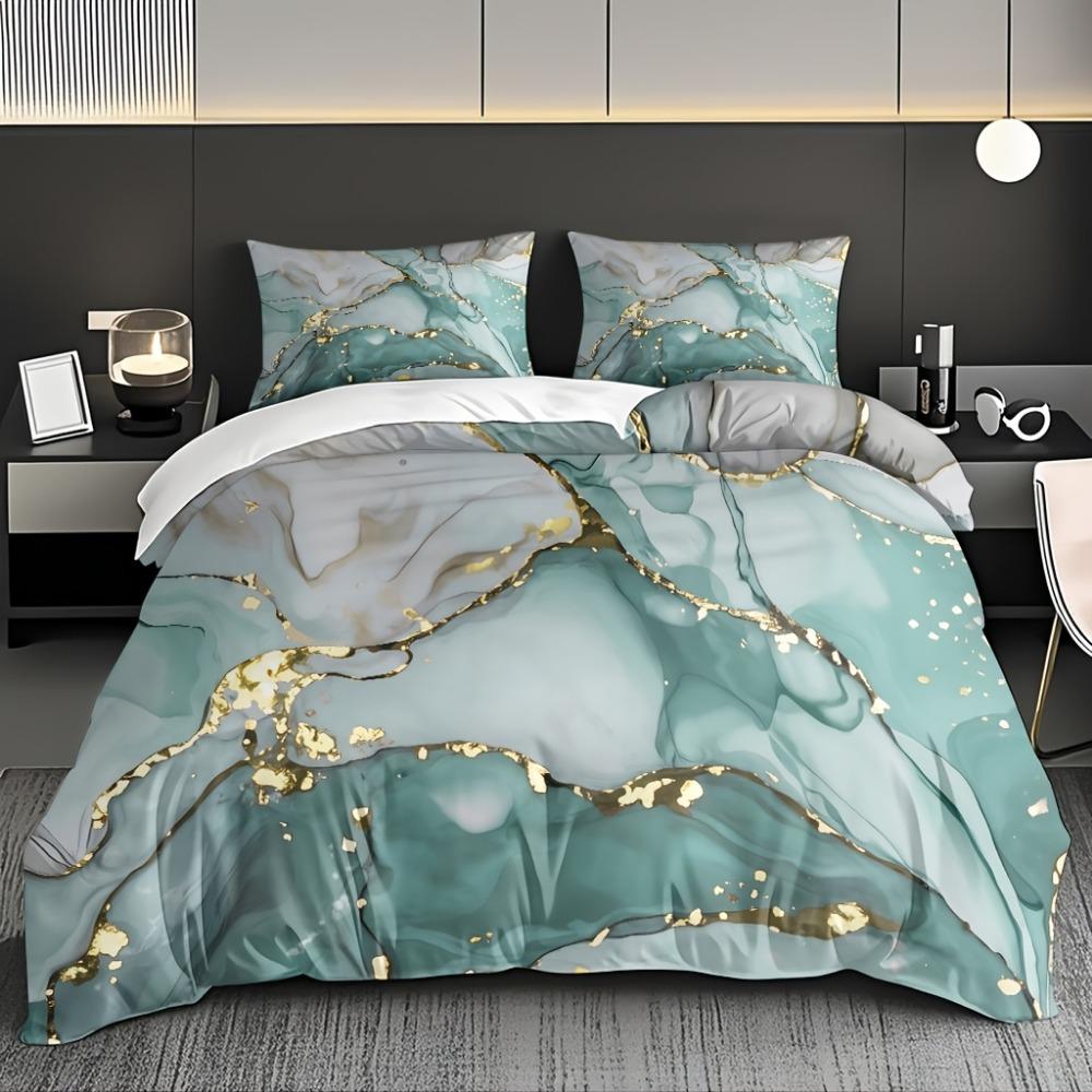 3ocs Bedding Set Green Gilding Marble Texture Print Cozy Duvet Cover Set King Queen Twin Single Size Birthday Gift Bedroom Decor