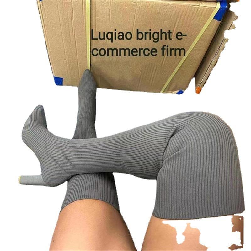 New Pointed Thick Heel Knee Elastic Boots European and American Autumn and Winter Large Size High Heel Boots