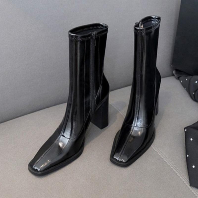 Fashion Side Zip Block Heel Single Boots Women's Fashion Square Toe Side Zip Anti-Slip Wear-Resistant Mid-Tube