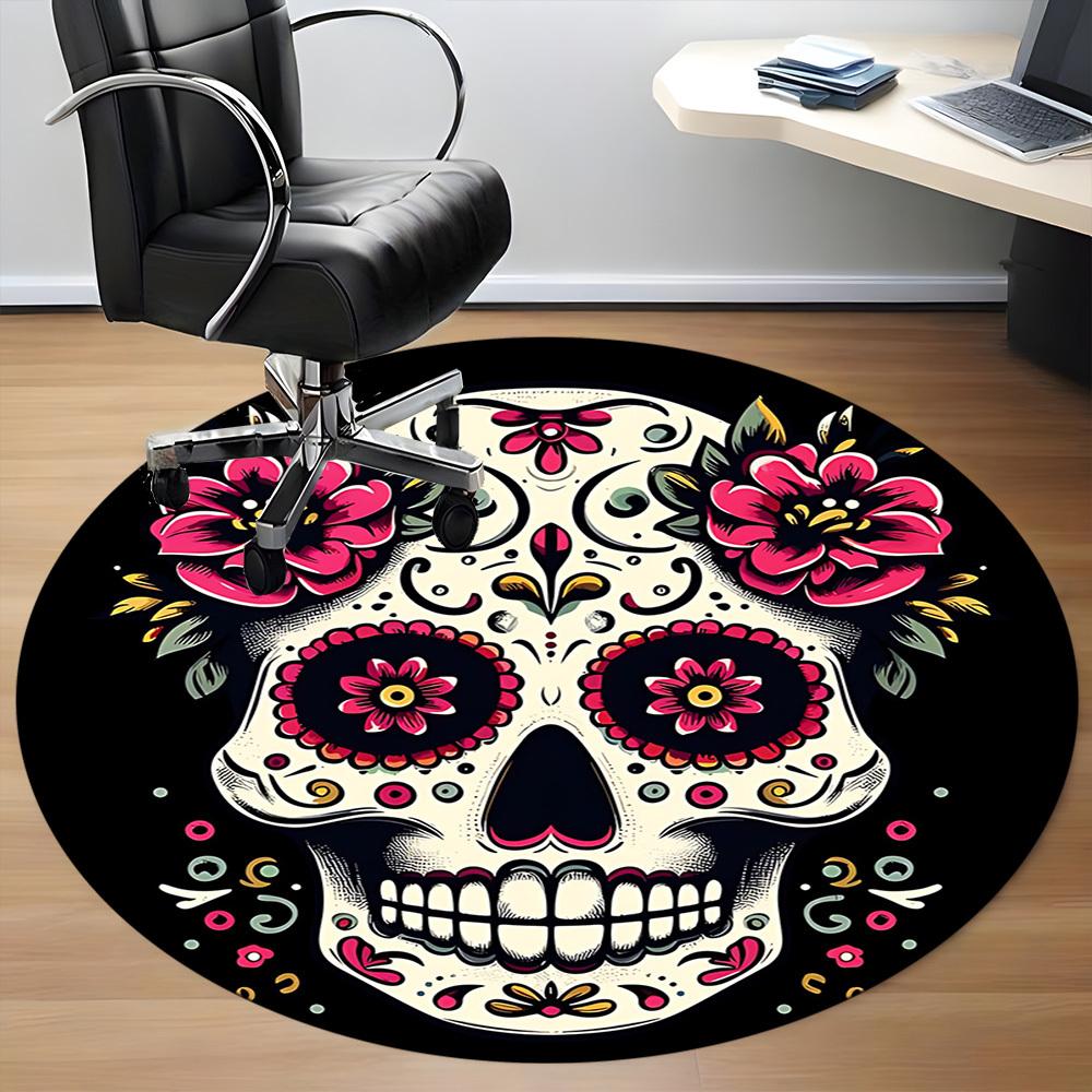 1pc Sugar Skull Flowers Office Round Area Rug, Under Office Chairs Bedroom Living Room Home Decor, Room Deco, Available In Various Sizes