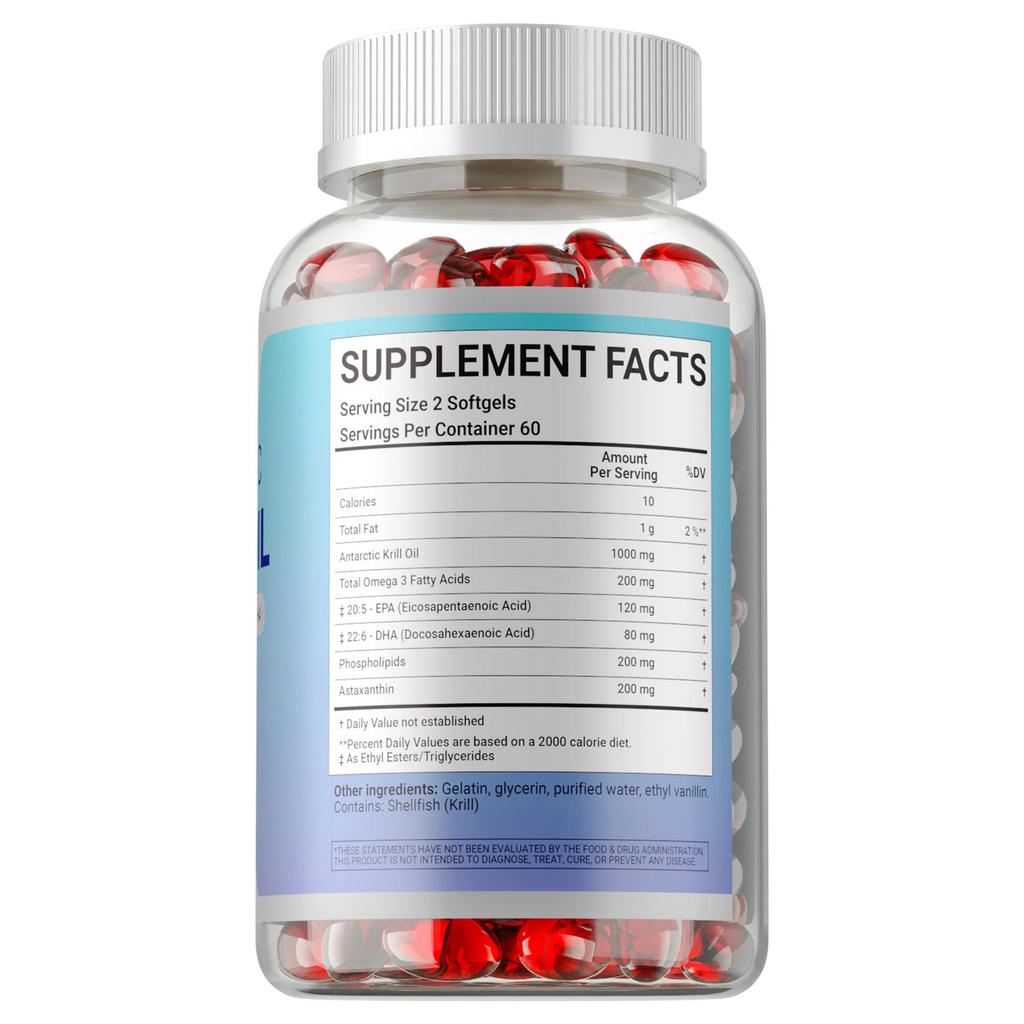 Antarktische Krillöl-Kapseln, reich an Omega-3, DHA, EPA, hohe Reinheit 1000 mg, Phospholipiden und Astaxanthin, für die Gelenkgesundheit, für Erwachsene geeignet.