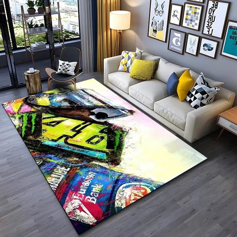 Motorcycle Racer The Doctor Carpet Mat Black Yellow Racing Track Living Room Rug with Number 46 Dynamic Design Home Decoration