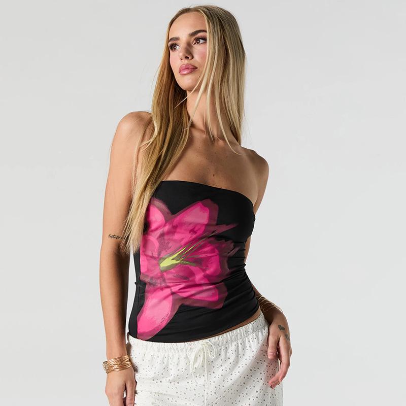 European & American Women's Floral Print Bandeau Top - Summer/Autumn, Sexy, Waist-Cinched, Cropped.