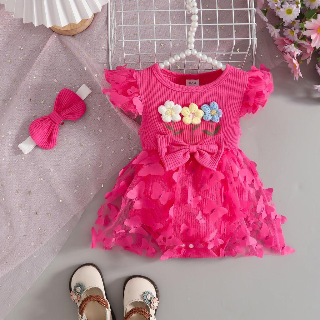 2026 Sommer Florales Baby-Kleid mit Puffärmeln & Geripptes Body-Set mit Haarreif & Schmetterlingsrock