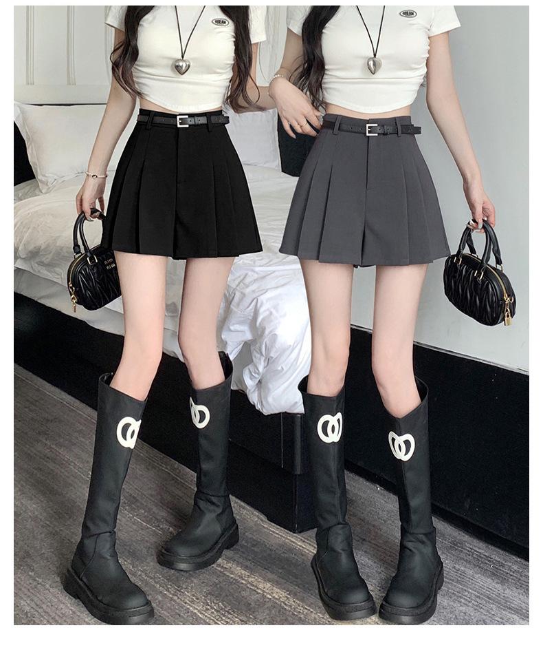 Women's Summer 2024 Gray Pleated High-Waist A-Line Skirt Shorts - Slim, Loose Fit
