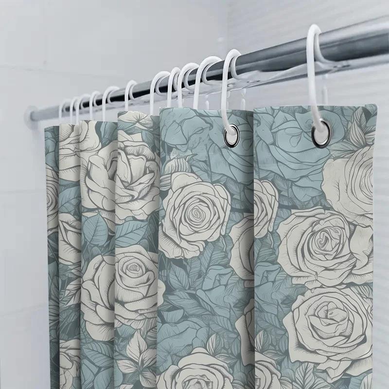 Floral Print Shower Curtain Waterproof Bathroom Decor Fabric Home Decoration Modern White Roses Blue Floral Printed Shower Curta