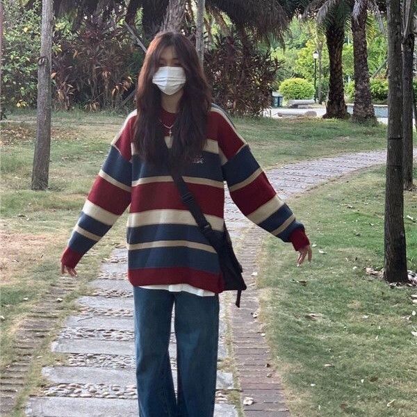 Lazy Style Sweater with Loose and High-end Knitted Stripes Women's College Style Versatile Striped Long Sleeved Top Trendy