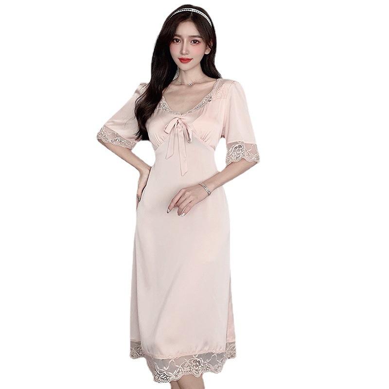 Ladies Summer Sexy Lace Sleepwear Short Sleeve Nightdress Women's Ice Silk Long Dress Bowknot Homewear