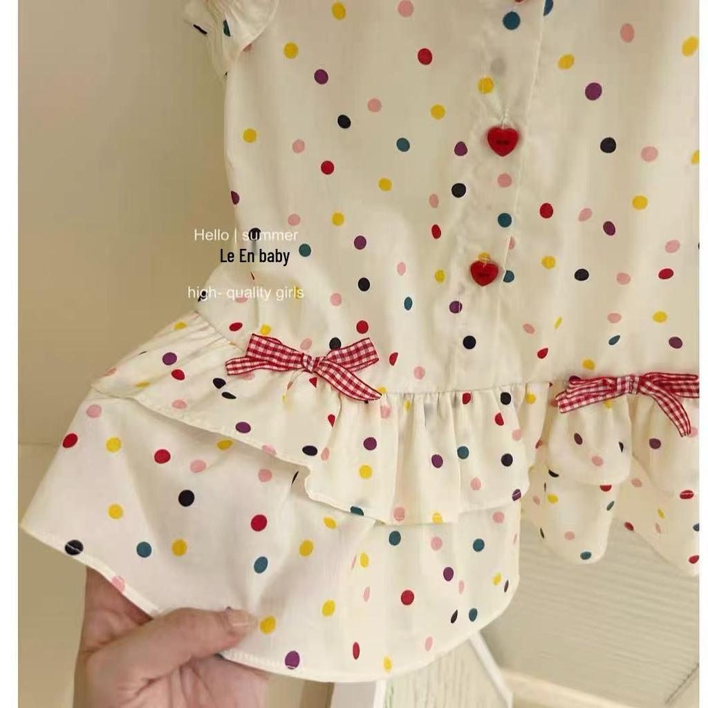 Flickas sommar koreansk prinsessa prickig spetsklänning