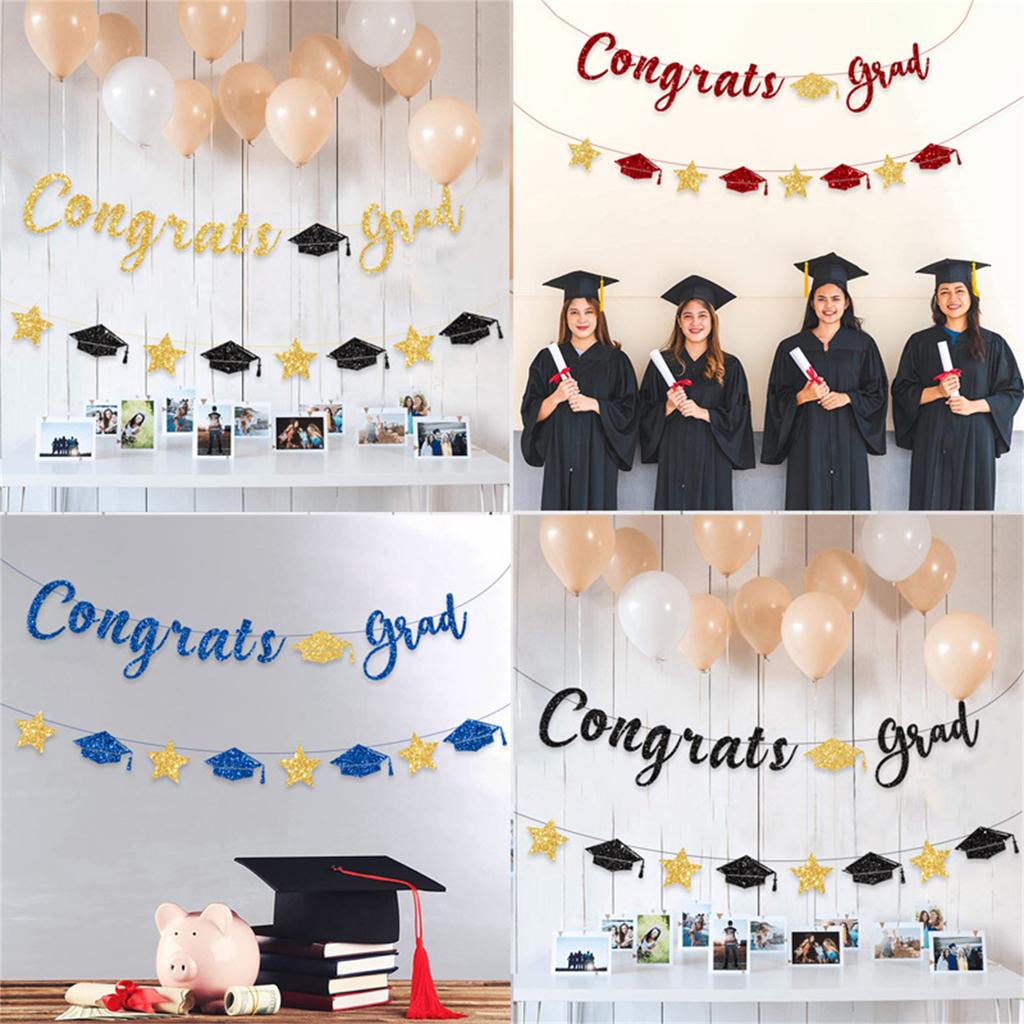 Glittering Congrats Grad Banner Graduation Party Ornament Hanging Decoration for Class of Graduation Celebration