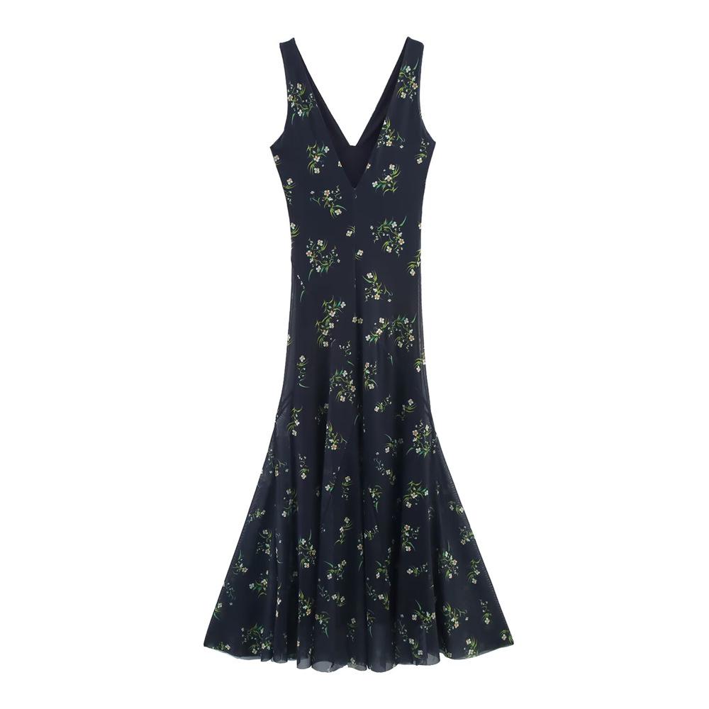 2025 Spring/Summer Women's Slimming Floral Silk V-Neck Sleeveless Dress