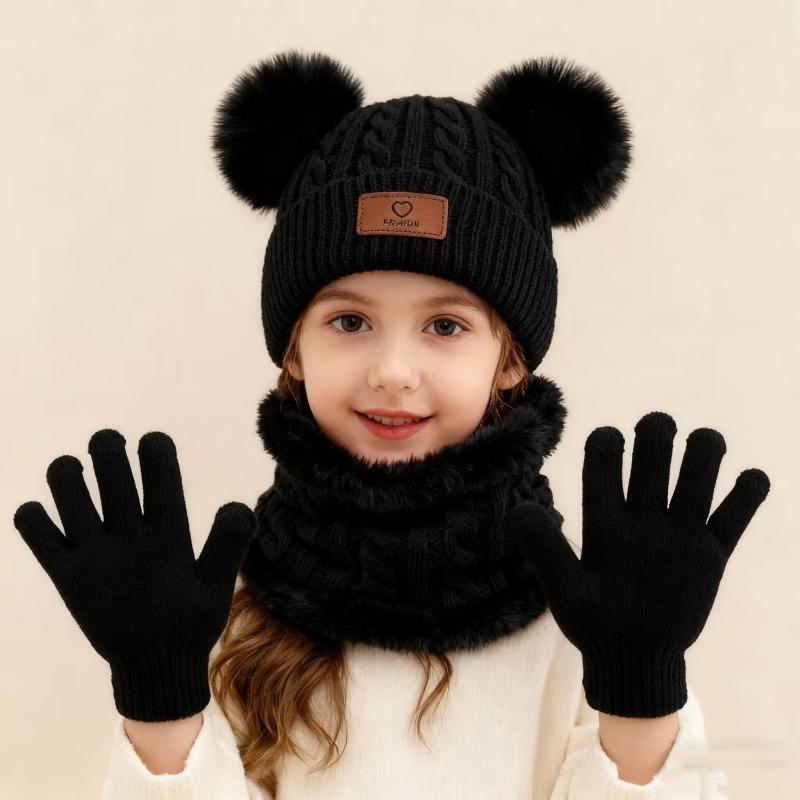 3pcs/set Children's Winter Warm Double Ball Knit Hat Scarf Gloves For Boys And Girls Warm And Cold-proof Suit