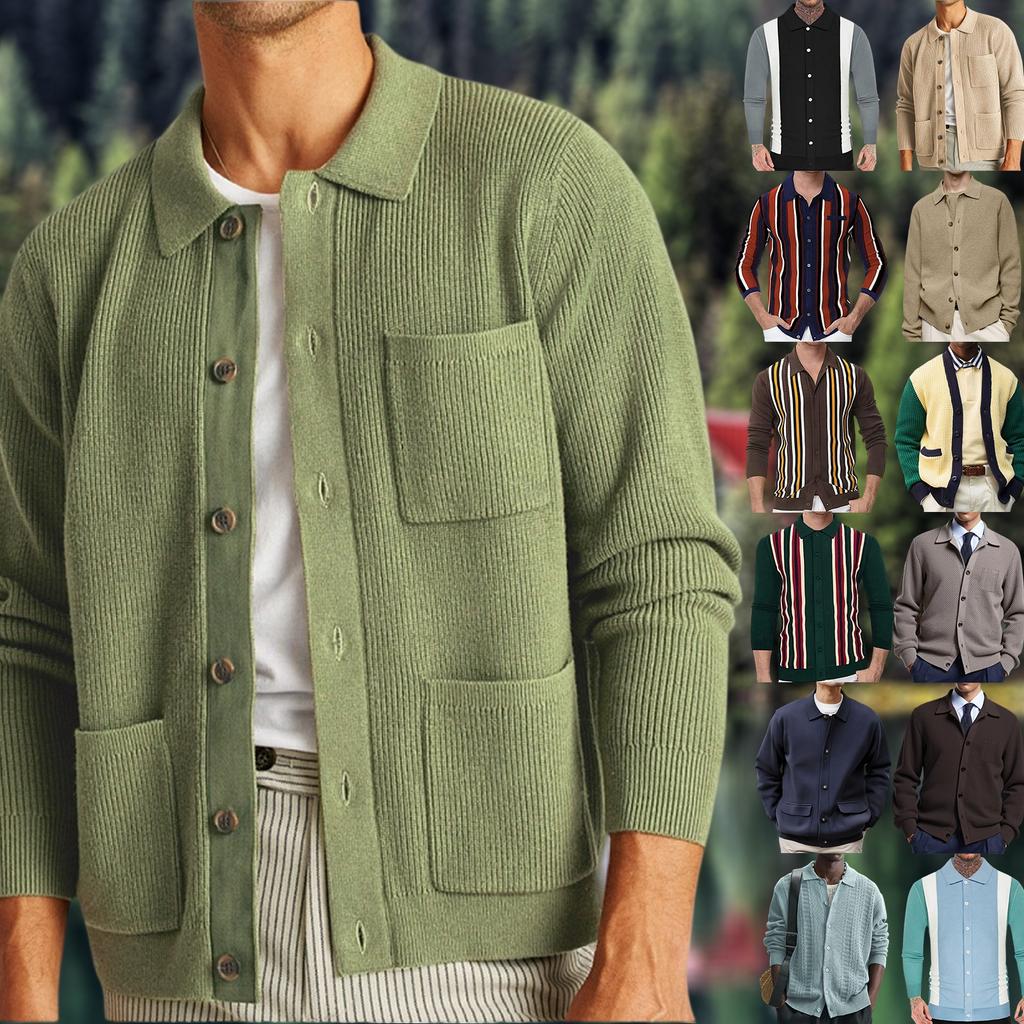 Men's Casual Square-Neck Knitted Cardigan With Multiple Pockets, Solid-Color Open-Front Sweater Coat