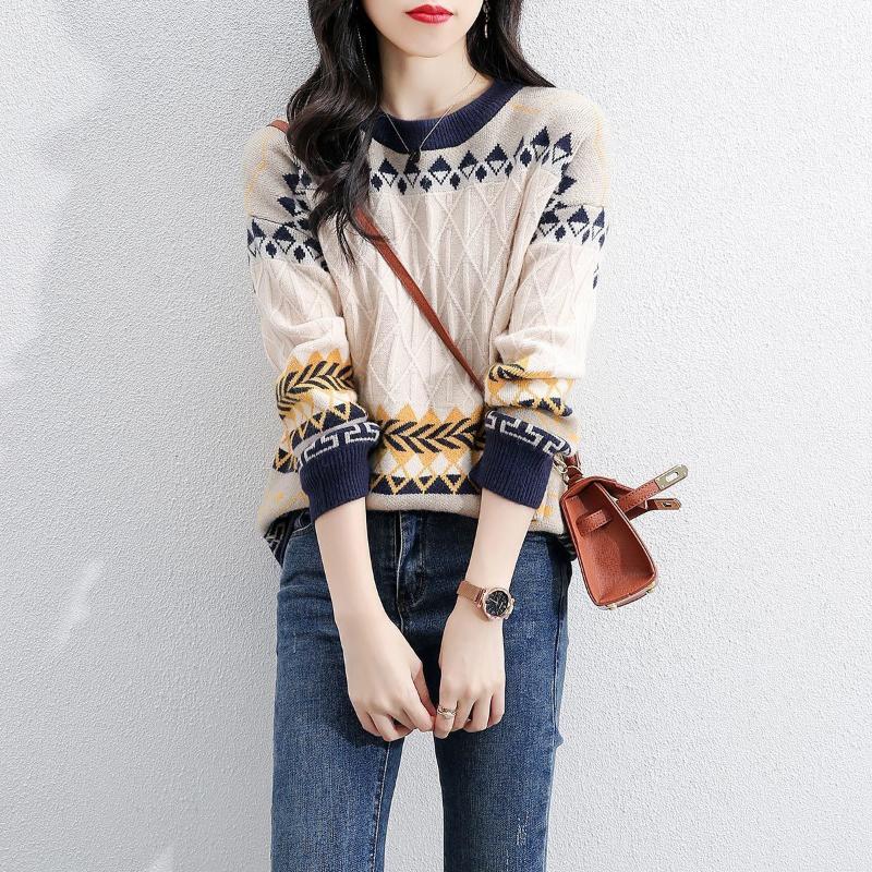 Autumn Winter New Round Neck Long Sleeve Fashion Sweater Women High Street Casual Printing Pullovers Elegant Warm All-match Tops