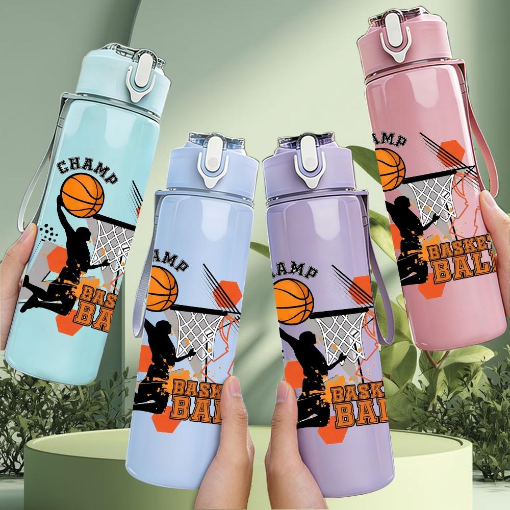 1PC Basketball Sports Logo Print 750ml Color Plastic Sports Water Bottle Leakproof Flip Straw Lid Suitable for Sports Office Home Use