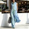 Yousheng Women's 2 Piece Sets Color Block Sleeveless Button Down Shirts Matching Long Pants with Pockets Summer Casual Vacation Outfits