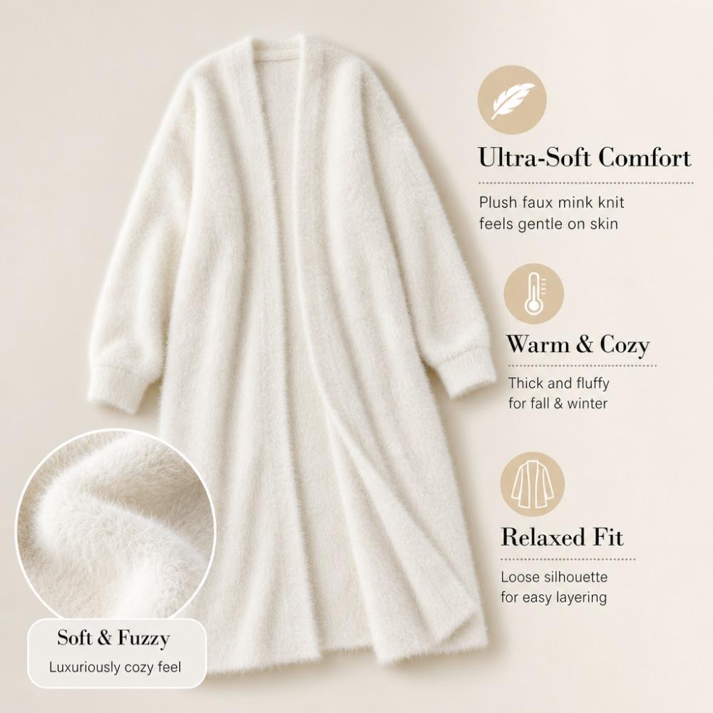 Faux Mink White Knit Cardigan Coat Women Autumn Winter Loose Fluffy Long Oversized Fuzzy Plush Sweater Jacket
