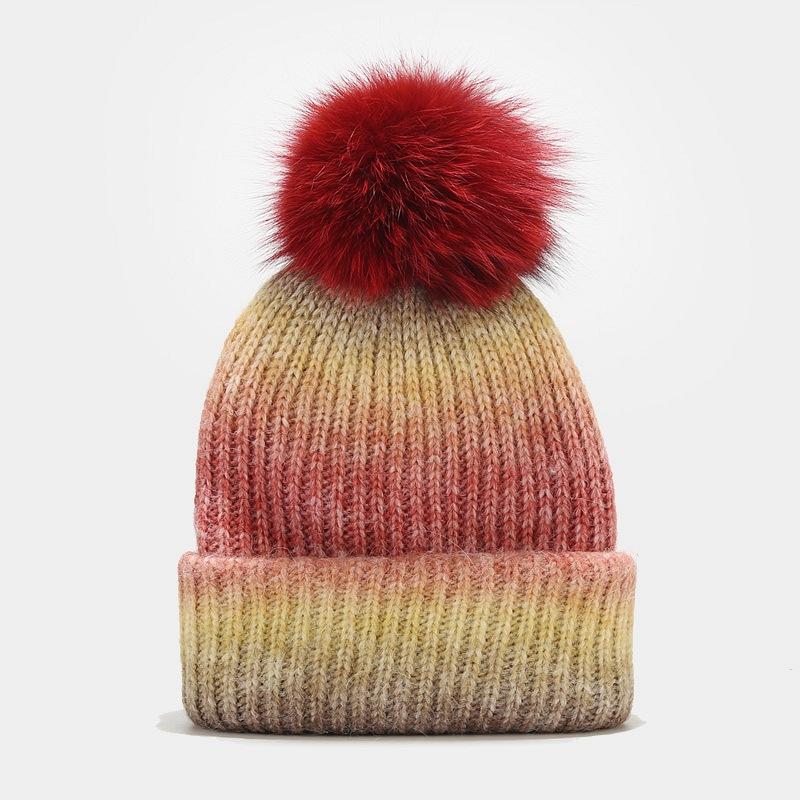European Style Fox Fur Pom Pom Knit Beanie Women s Fashion Color Block Winter Hat for Outdoor Warmth Travel Appropriate Beanie One Size малиновый