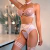 Erotic Lingerie Women's Large Mesh Hollowed Out Splicing Cross Chest Patch Metal Chain Fun Lingerie Three Piece Set