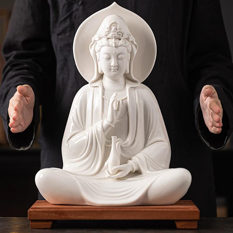 Free Pose Guan Yin Buddha Statue, White Ceramic Sitting Bodhisattva Sculpture, Serene Goddess of Mercy for Zen Home Temple Decor