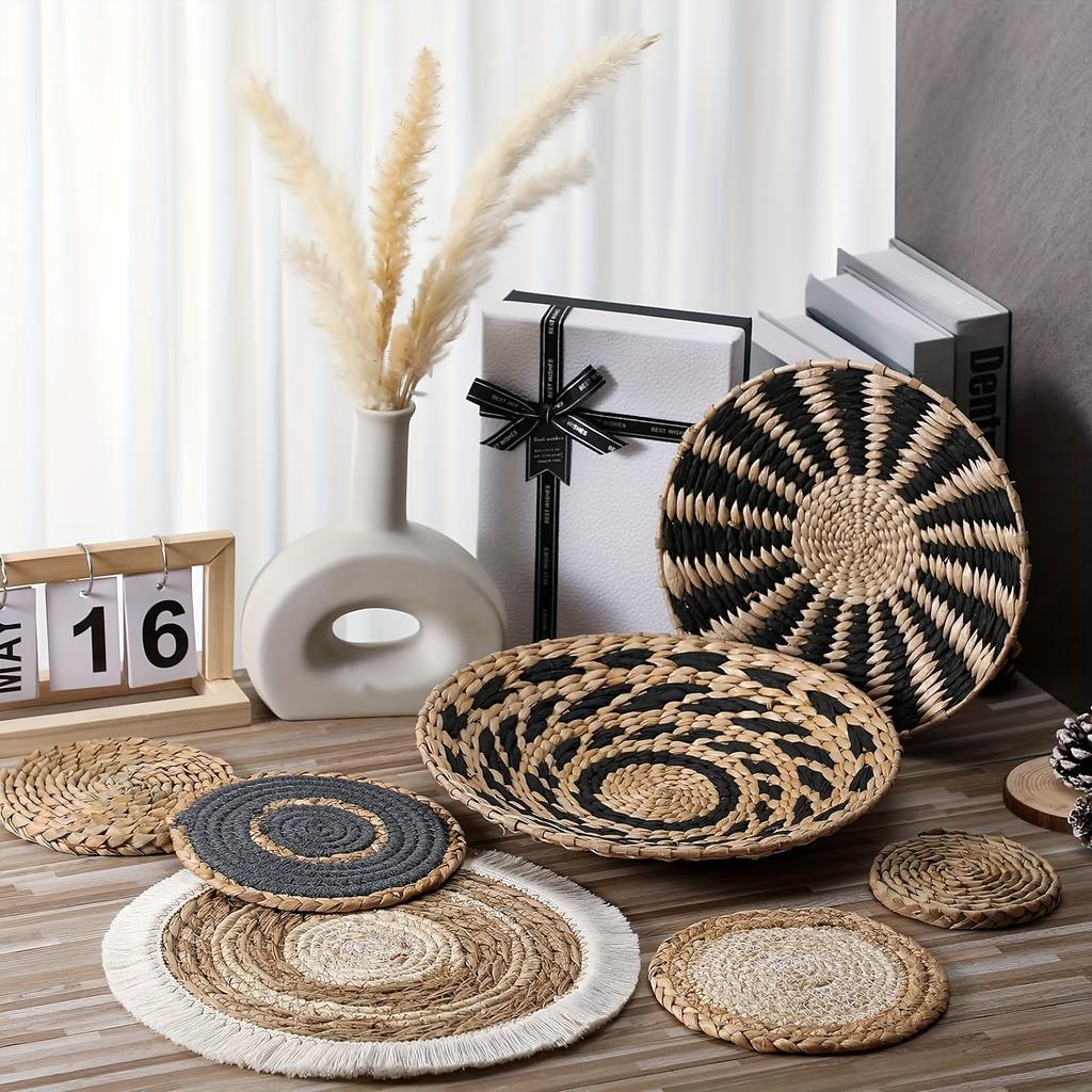 7pcs Bohemian Style Wall Basket Decoration Hanging Handcrafted Woven Sea Grass Basket Wall Decoration Round Bohemian Basket Wall