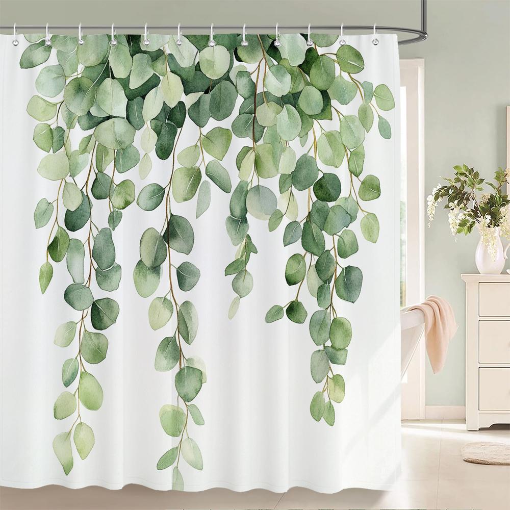Fresh Green Leaves and Plants Pattern Shower Curtain Printed Leaves Bathroom Bath Curtain Home Decoration Curtain With Hooks