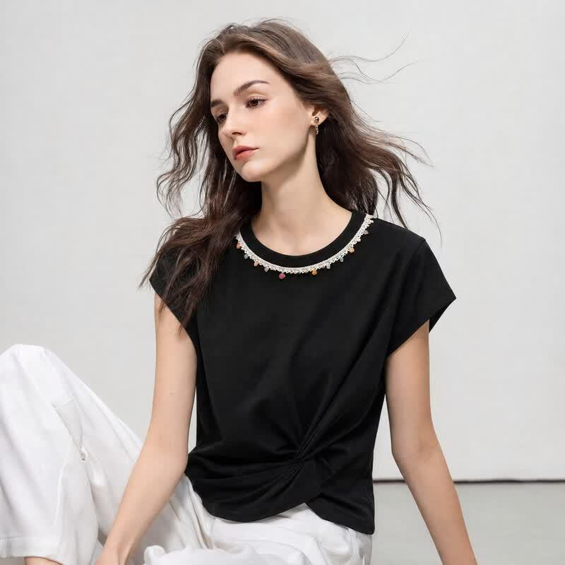 Demana Women s Beaded Twist-Knot T-Shirt L
