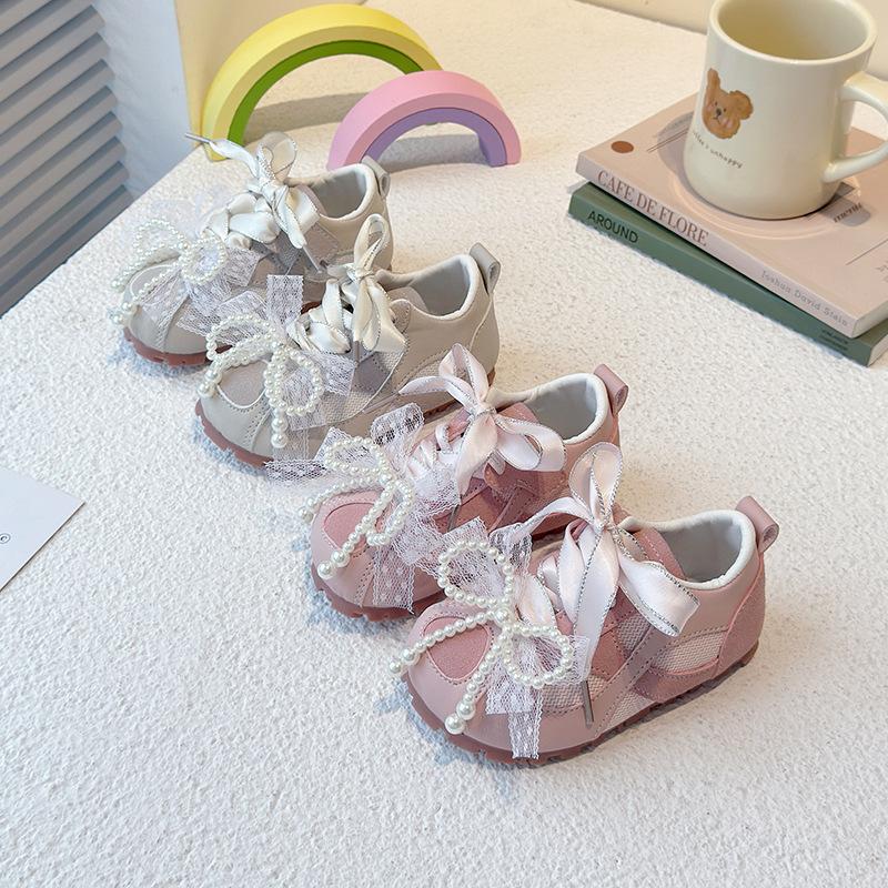 Girls casual fashion pearl bow sneakers 2025 spring and summer new puff shoes breathable lightweight board shoes tide