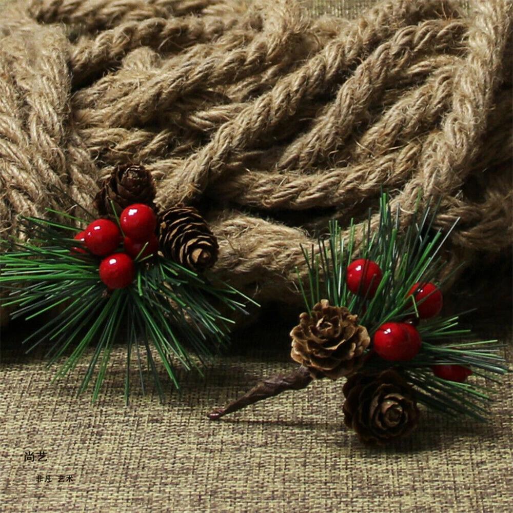 5pcs Christmas Artificial Pinecone Red Berry Stem Home Party Decor Simulation Pine Cone for Christmas Tree Pendant Decorations