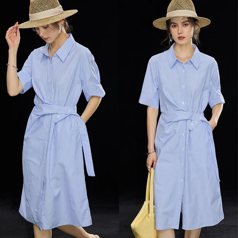 Wudao Women s Lapel Short Sleeve Waist-Cinching Shirt Dress L