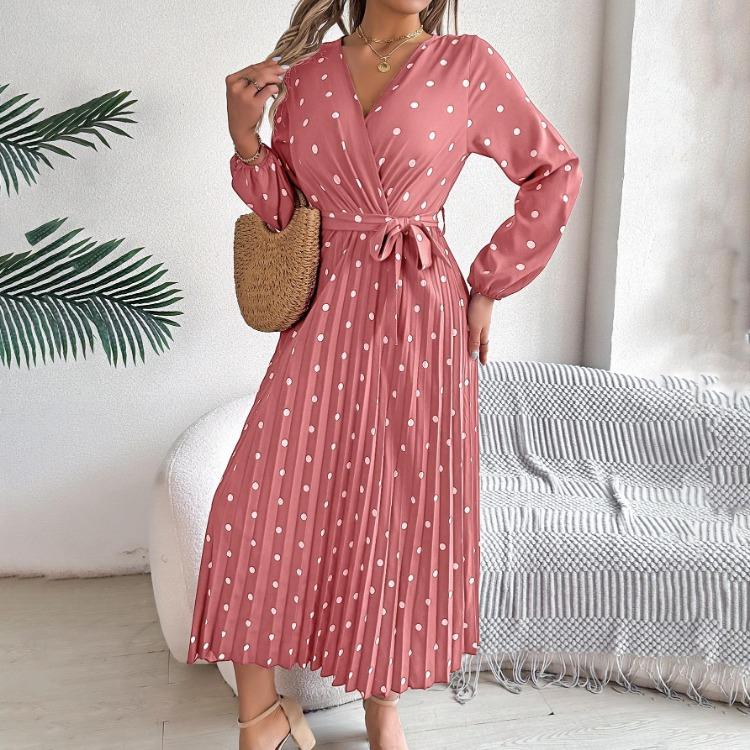 Women Long Sleeve A Line Long Dress High Waist Dot Pleated Autumn Winter Fashion