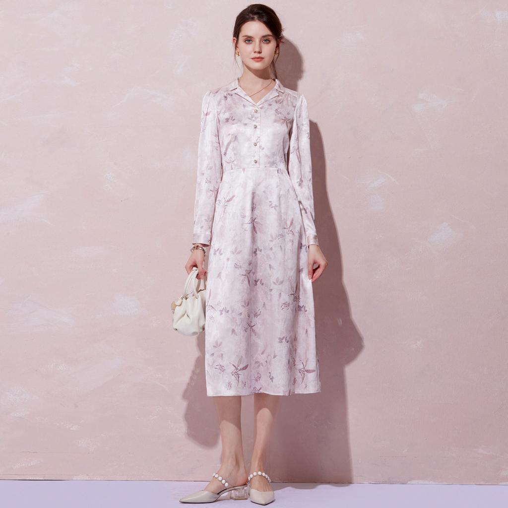 Intellectually gentle temperament printed dress for women in autumn 2025, daily age reduction, bubble sleeves, waist cinching, slimming effect
