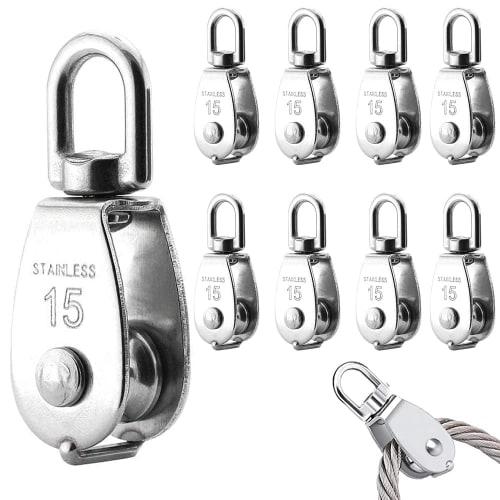 zhihu Small M15 Pulleys, Set of 8, Stainless Steel Rope Pulleys, Swivel Wire Pulleys for Lifting, Cargo Transport, and Construction (M15 Pulleys, Set
