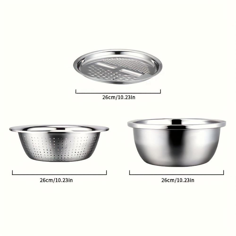 3-Piece Stainless Steel Multifunctional Strainer, and Mixing Bowl for Washing and Slicing Fruits, Vegetables