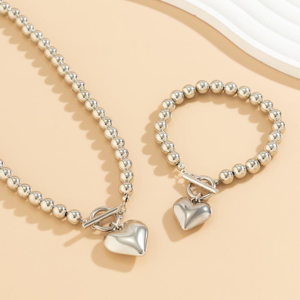 2Pcs Luxury Gold Color Beads Heart Pendant Necklace Bracelet for Women Punk Vintage OT Buckle Choker Wedding Party Zircon Set