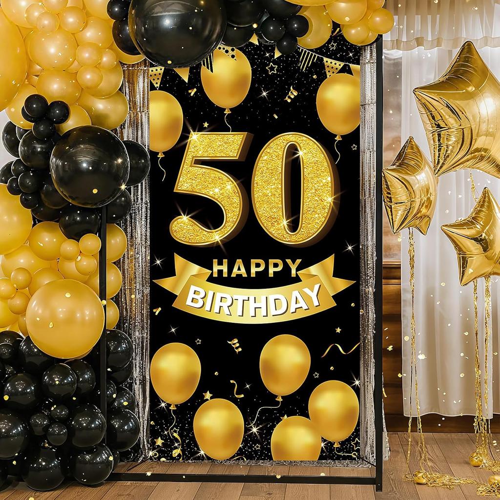50th Birthday Decorations for Men & Women – Happy 50th Birthday Banner Backdrop, Fabric Yard Sign, Table Cloth, Photo Booth Props for Indoor